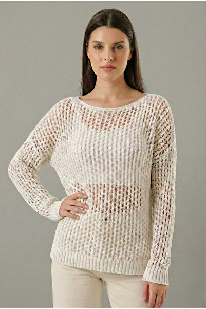 peralist Openwork Boat Neck White Knitwear Blouse – Stylish Long Sleeve Knitwear