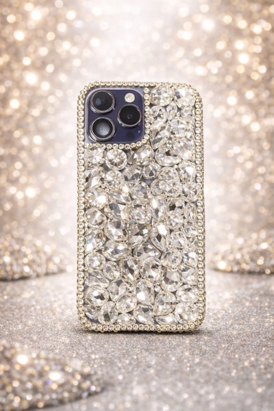 lotusbybuket حافظة آيفون 14 بروماكس فضية مرصعة بالكريستال