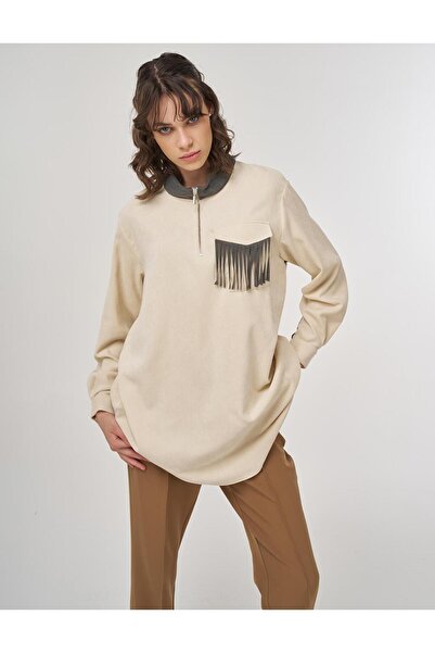 Kayra Püskül Detaylı Dik Yaka Kadife Tunik Krem KA-A25-11019-13