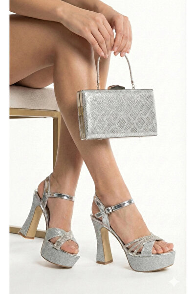 Miss Mitto Women's Silver High Platform Thick Heeled Stylish 3-Row Stone Deta...