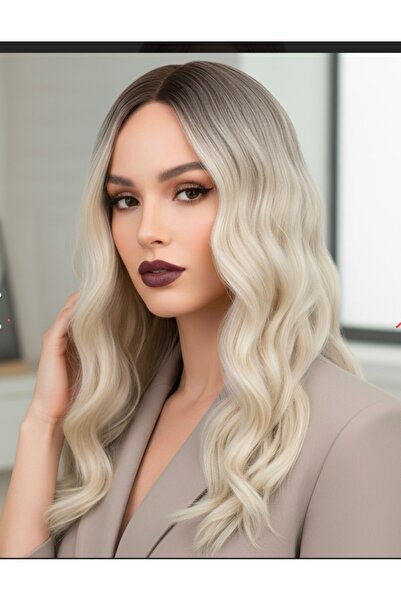 Handmade Dalgalı perçemli fiber sentetik peruk orta boy KAHVERENGİ-BEYAZ PLAT...