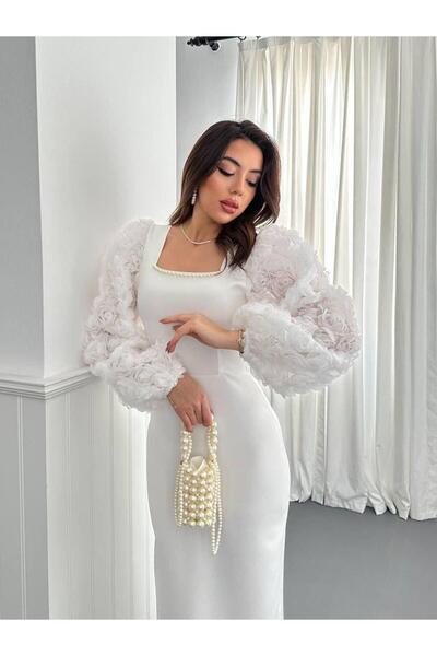 Ekim Store Maxi Dress with Tulle Roses on the Sleeves