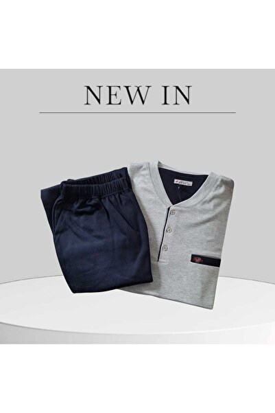 Erse 100% Cotton Interlock Men's Pajama Set Gray-Navy Blue