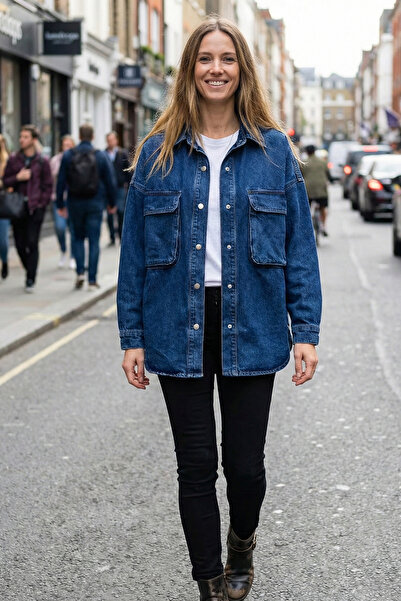 Twister Jeans BG J66-03 Dark Blue Cep Detaylı Oversize Kadın Kot Ceket Mavi