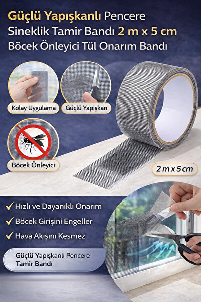 Hane Dostu Güçlü Yapışkanlı Pencere Sineklik Tamir Bandı 2 m x 5 cm Böcek Önl...