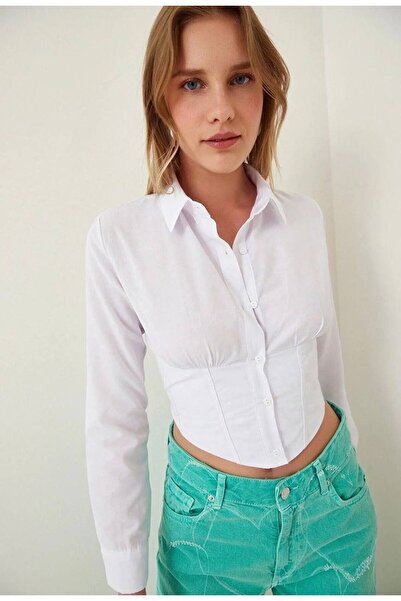 The Naz Line Kadın Crop Gömlek Slim Dar Kesim Beli Lastikli