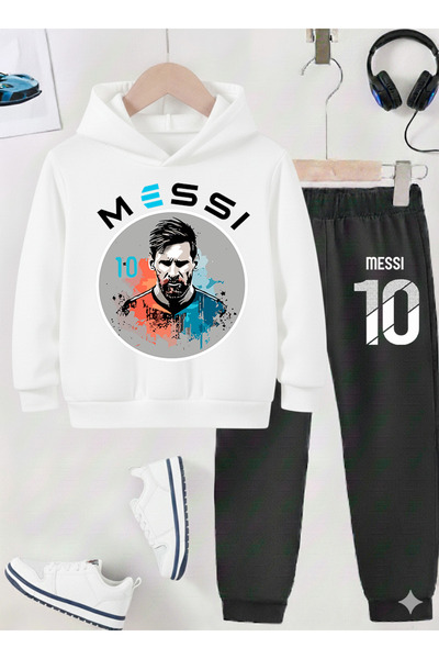 stil x Момчешки спортен екип с принт на Меси, 3-нишка шерпа плат
