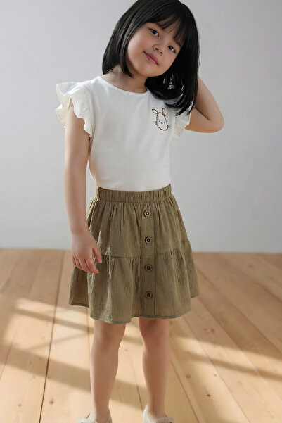 JANNİCOM Girl's Summer Set Cotton Rabbit Patterned Top and Pleated Skirt Set