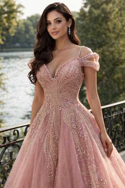 Sibelse Gelinlik Taş İşlemeli Pudra Tül Abiye – Mezuniyet ve Özel Davet Elbisesi