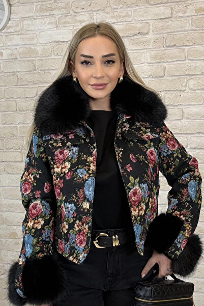 Muna Boutique Imported Black and Floral Motif Coat with Fur Collar