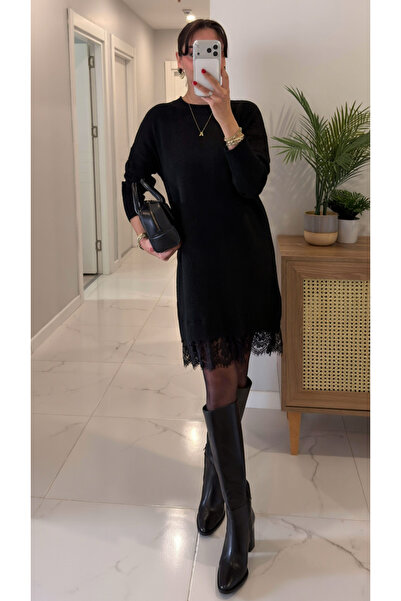 My Blog Siyah Etek Ucu Dantel Detaylı Triko Elbise - 251008