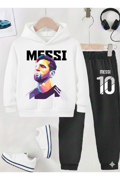 stil x Момчешки спортен екип с принт на Меси, 3-нишка шерпа плат
