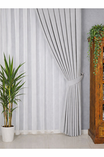 Wowlays Home Açık Gri Pileli Fon Perde Kadifemsi Kumaş Yüksek Kalite Tek Kanat