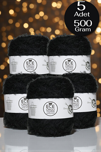 Ece Örgü Tasarım Atölyesi Onyx, siyah bol tüylü moher örgü ipi (500 gr.)