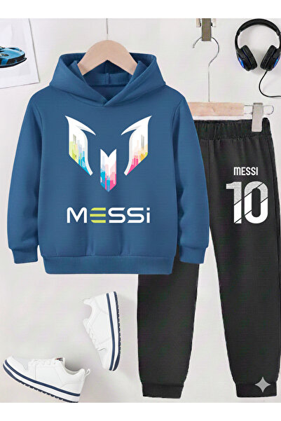 stil x Момчешки спортен екип с принт на Меси, 3-нишка шерпа плат