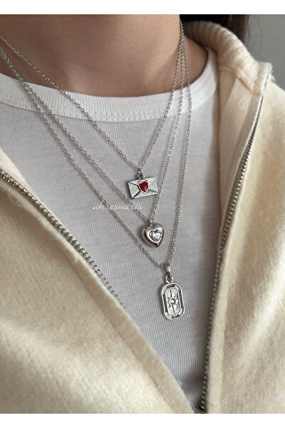 aksesuaris 3-Piece Silver Color Shiny Stone Detailed Women's Necklace Combina...