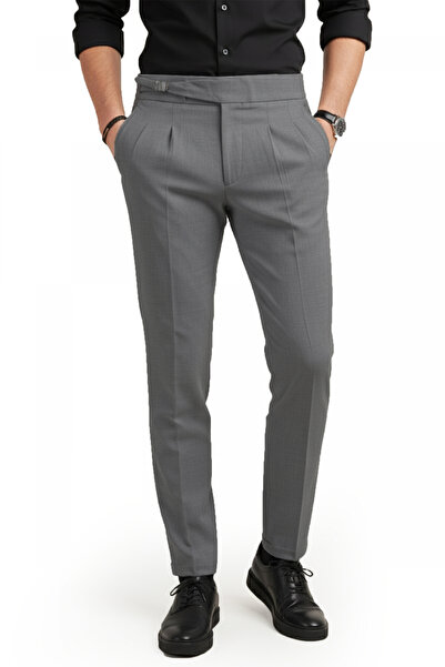 DeepSEA Men's Anthracite Lycra Italian Cut Pleated Belt Buckle Stylish Fabric...