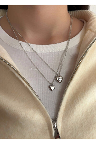aksesuaris Set of 2 Silver Color Zircon Stone Heart Necklaces