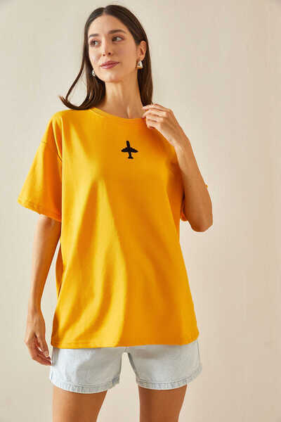 CALİENTE Embroidered airplane-shaped T-shirt, yellow - Made in Turkey