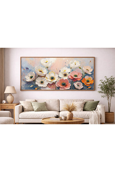 Tuba Decor Tek Parça Gerçek Ahşap Yatay Panorama Çerçeveli Tablo pastel çiçekler
