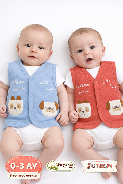 Onouqo Set of 2 Mini Friends Cotton Animal Figured Baby Vest for 0-3 Months -...
