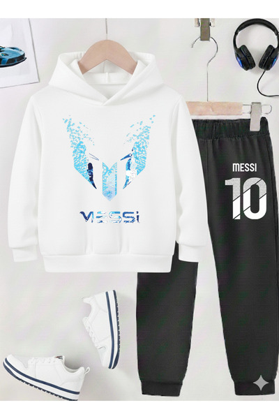 stil x Момчешки спортен екип с принт на Меси, 3-нишка шерпа плат