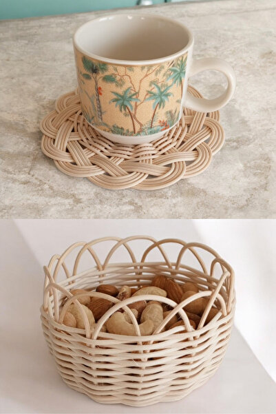 MaviMarinUrla El Yapımı Rattan Bambu Çerezlik ve Bardak Altlığı Seti-2'li