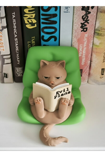 IL-HANST Kitap Okuyan Kedi Figürü kitaplık süsü,tatlı masa süsü Yeşil koltuklu