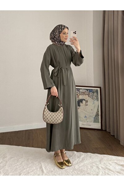 RFK Butik Kadın Belden Kuşaklı Tensel Elbise - Haki