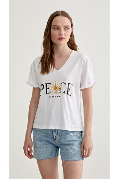LEVURE Women's T-shirt with the word "Peace" and a rose design - 100% cotton ...