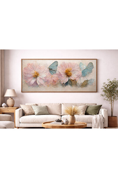 Tuba Decor Tek Parça Gerçek Ahşap Yatay Panorama Çerçeveli Tablo uçuk pembe