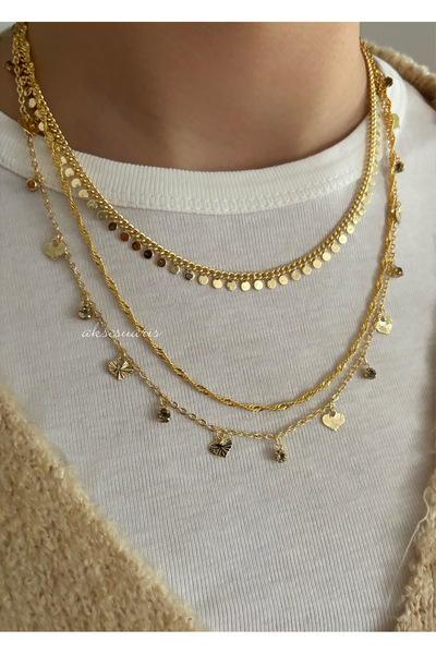 aksesuaris 3-Piece Design Chain Gold Women's Necklace