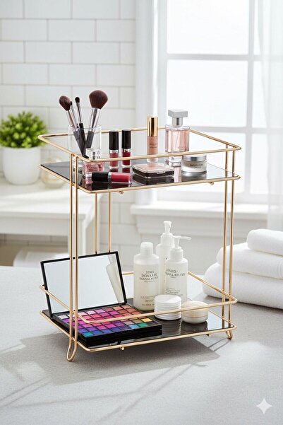 Saatistan İki Katlı Kare Çok Amaçlı Banyo ve Kozmetik Organizer Gold