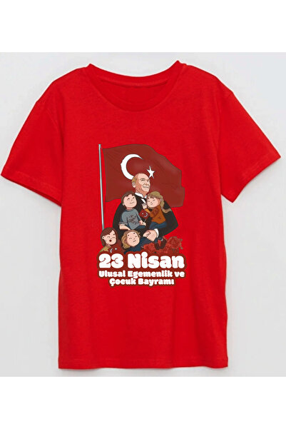Efendioğlu Design Kısa kollu Atatürk'e sarılan çocuklar baskılı pamuklu 23 Ni...