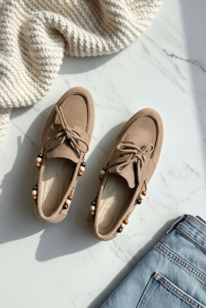 DİVOLYA Bonita Mink Suede Beaded Detailed Ballerina Shoes