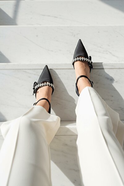 DİVOLYA Jeremy Black Satin Stone Bow (8 cm Heel) Pointed Toe Heeled Shoes