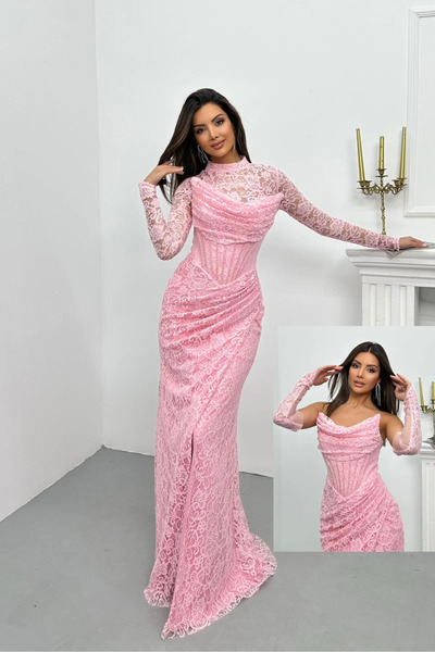 İyem Abiye Bolerolu Ve Kollu Dantel Desenli Taşlı Şık Tasarım Abiye Elbise Da...