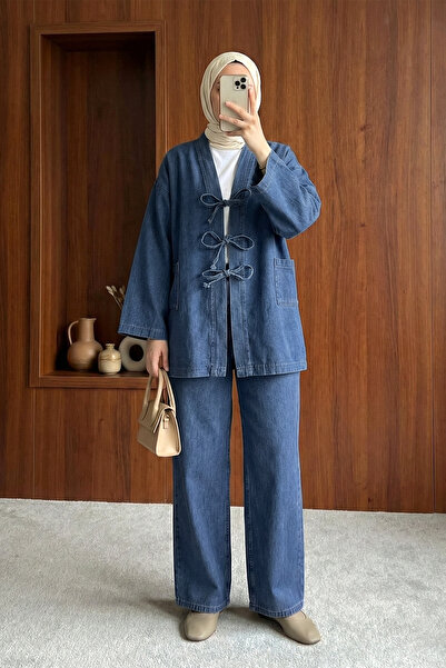 MODAQU Tie-Up Kimono Pants Jeans Set - Dark Blue