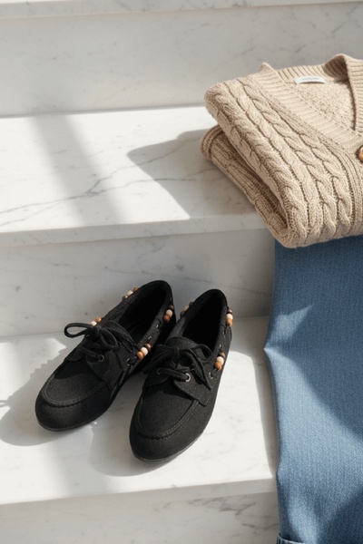 DİVOLYA Bonita Black Suede Beaded Detailed Ballerina Shoes