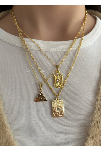 aksesuaris 3 Pieces of Zircon Stone Design Gold Necklaces