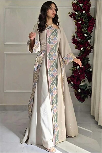 Liva Soft off-shoulder jalabiya in beige