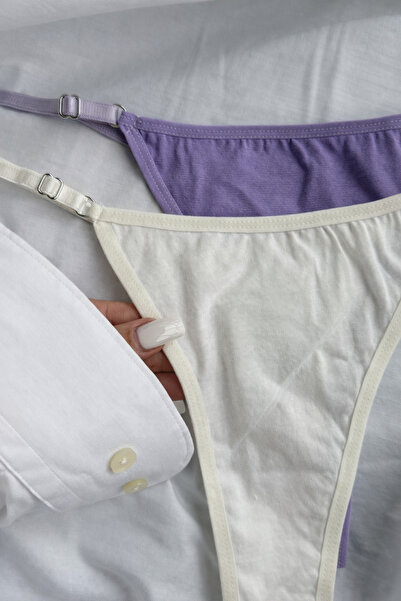 YOYYO Γυναικείο Σετ 2 τεμαχίων βαμβακερά στρινγκ - Λιλά & Εκρού Στρινγκ με ρυ...