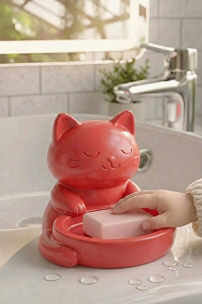 Oxyteez Kedi Figürlü Sabunluk Banyo ve Lavabo Aksesuarı Su Süzmeli, Hijyenik ...