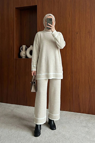 MODAQU Striped Cuffs Tunic Pants Knitwear Set - Stone
