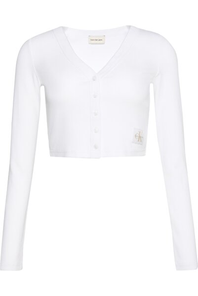 Calvin Klein LS WOVEN LABEL 2X2 COTTON RIB CA Beyaz Kadın T-Shirt