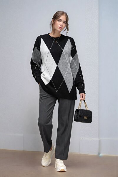 MAMAYAGA Women's Long Sleeve Diamond Pattern Crew Neck Tunic Oversized Knitwe...