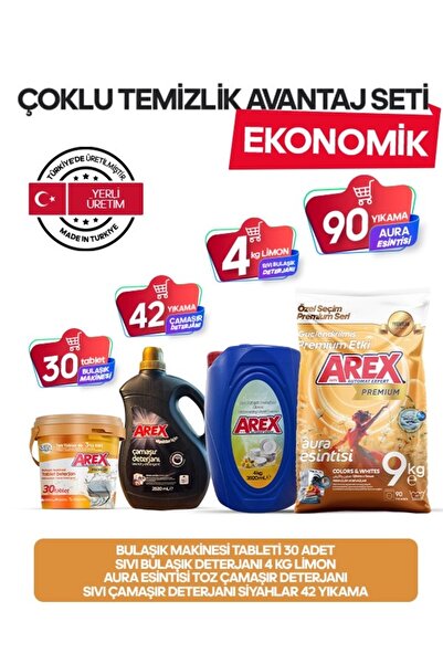 AREX AHN Uzun Süreli Temizlik Seti – 9 kg Premıum Toz + 4 kg Sıvı Bulaşık + T...