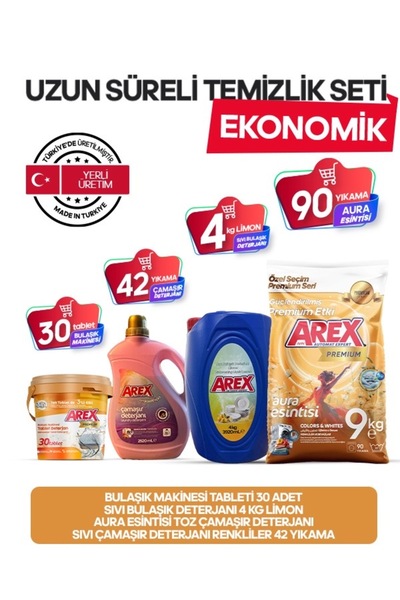 AREX AHN Uzun Süreli Temizlik Seti – 9 kg Premium Toz + 4 kg Sıvı Bulaşık + T...