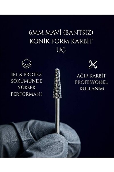Rulia Professional Rulia 6 mm Mavi (Bantsız) Konik Karbit Freze Ucu Jel ve Pr...