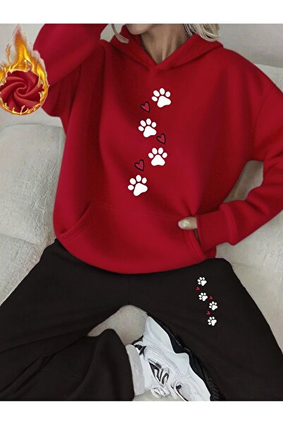 ship master Women's Double Cat Print Tracksuit Set – Hooded Sweatshirt & Pants